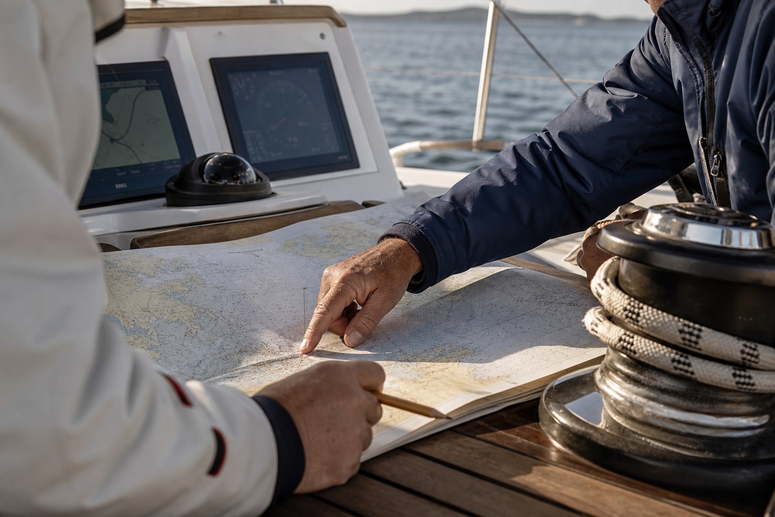 Due navigatori studiano una carta nautica nel cockpit